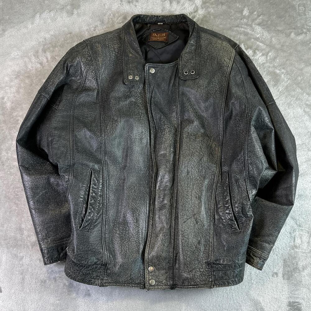 Vintage Distressed BJ-R Black Leather Biker Jacket Mens 50 USA Heavyweight